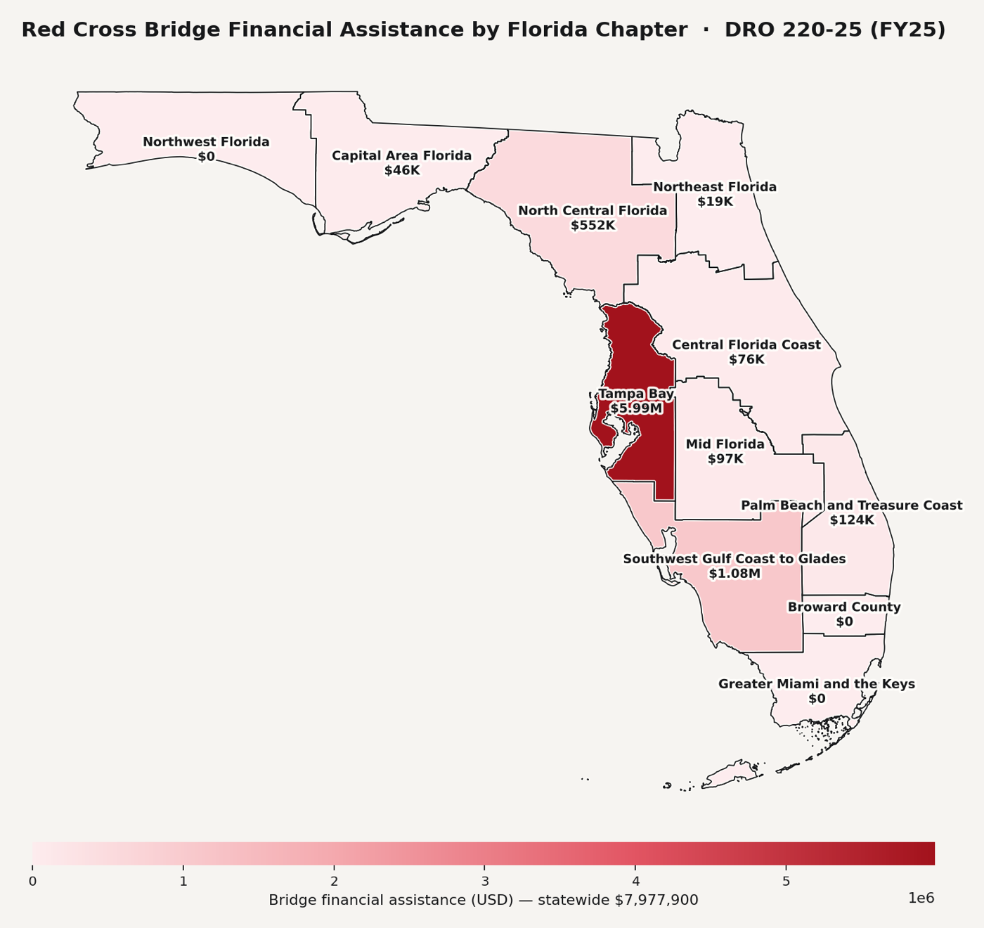 Florida chapter choropleth showing Red Cross Bridge financial assistance by chapter