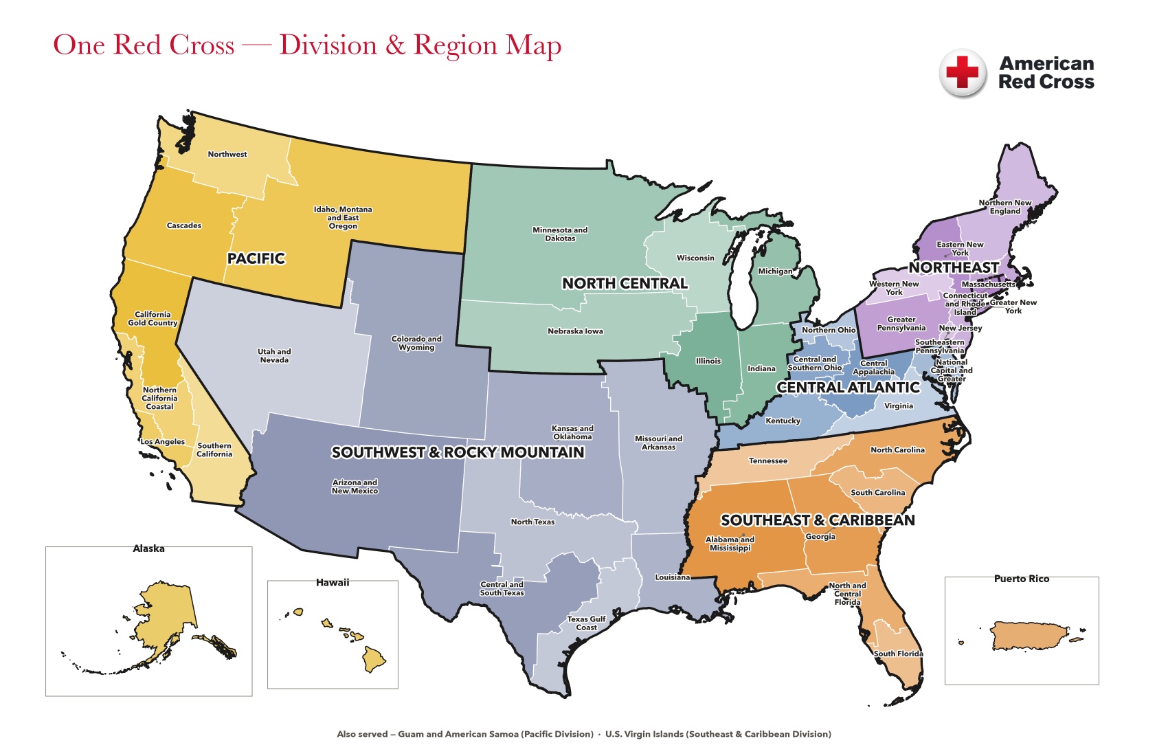 One Red Cross Division and Region Map showing national Red Cross divisions and regions