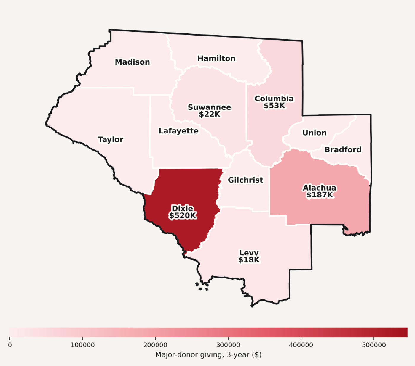North Central Florida county donor choropleth with county labels and major donor giving values